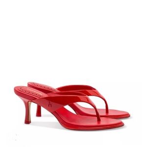Larroude Gaia Sandals Thong Heels in Scarlet Red Leather NEW